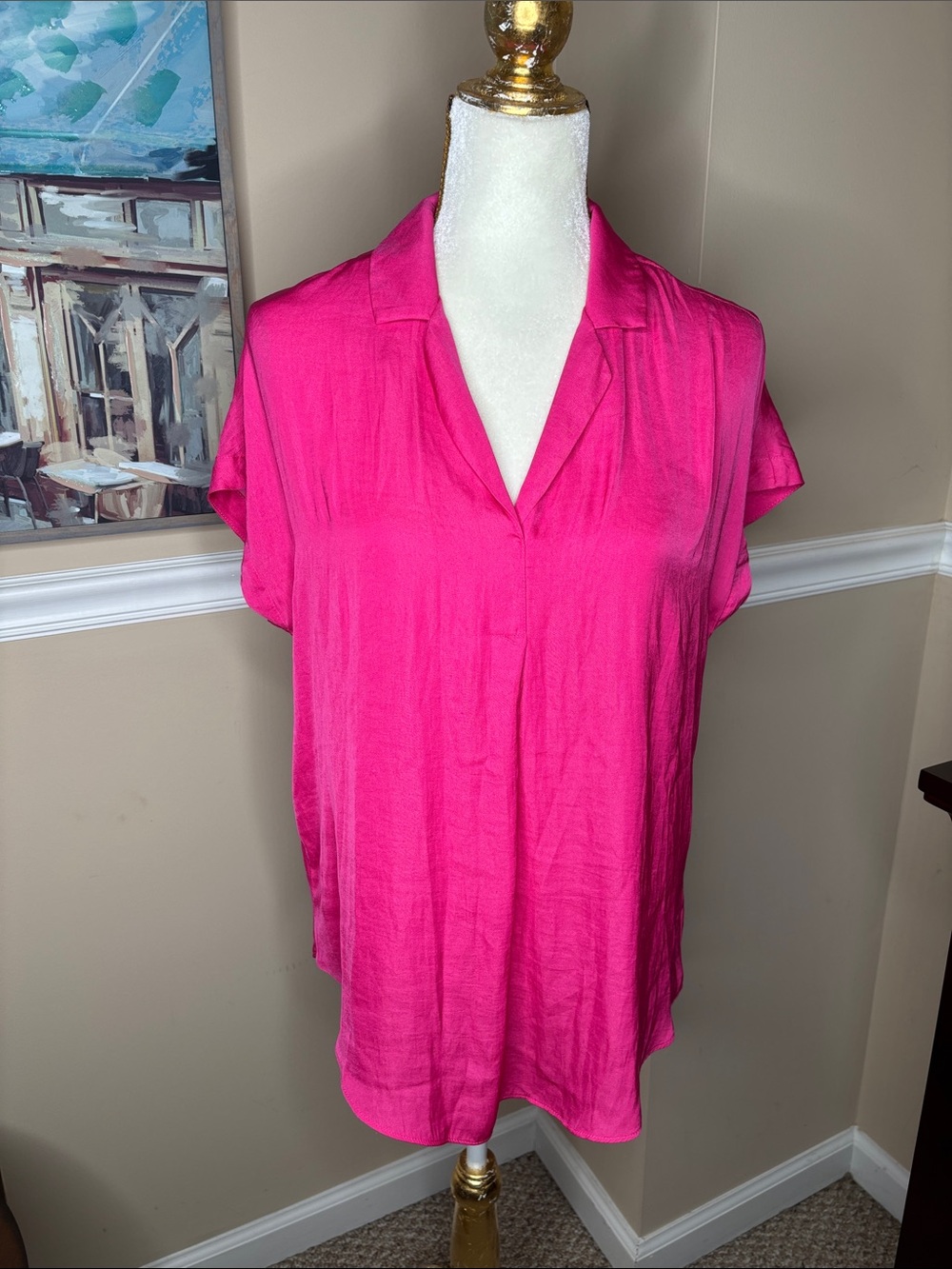Women’s Short-Sleeve V-Neck Blouse in Hot Pink